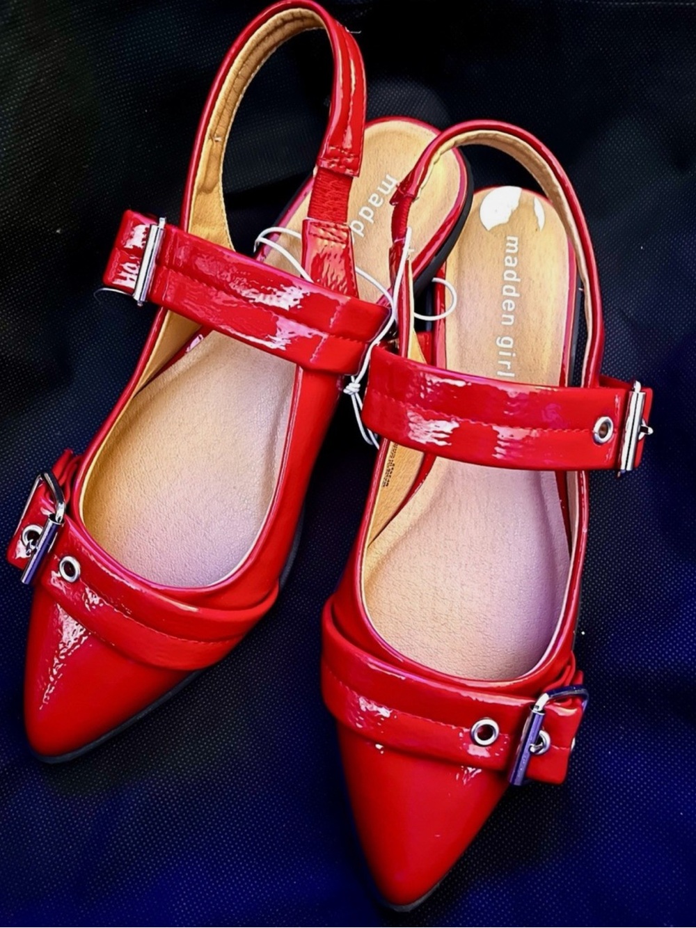 Madden Girl Red Patent Pointed-Toe Slingback Flats with Buckle Straps